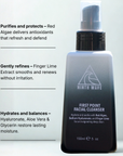 Ninth Wave First Point Daily Facial Cleanser with on-image text explaining removal of sunscreen, salt and daily grime
