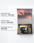 Ninth Wave Morning Routine kit with on-image text explaining the cleanser, moisturiser and zinc for daily sun protection