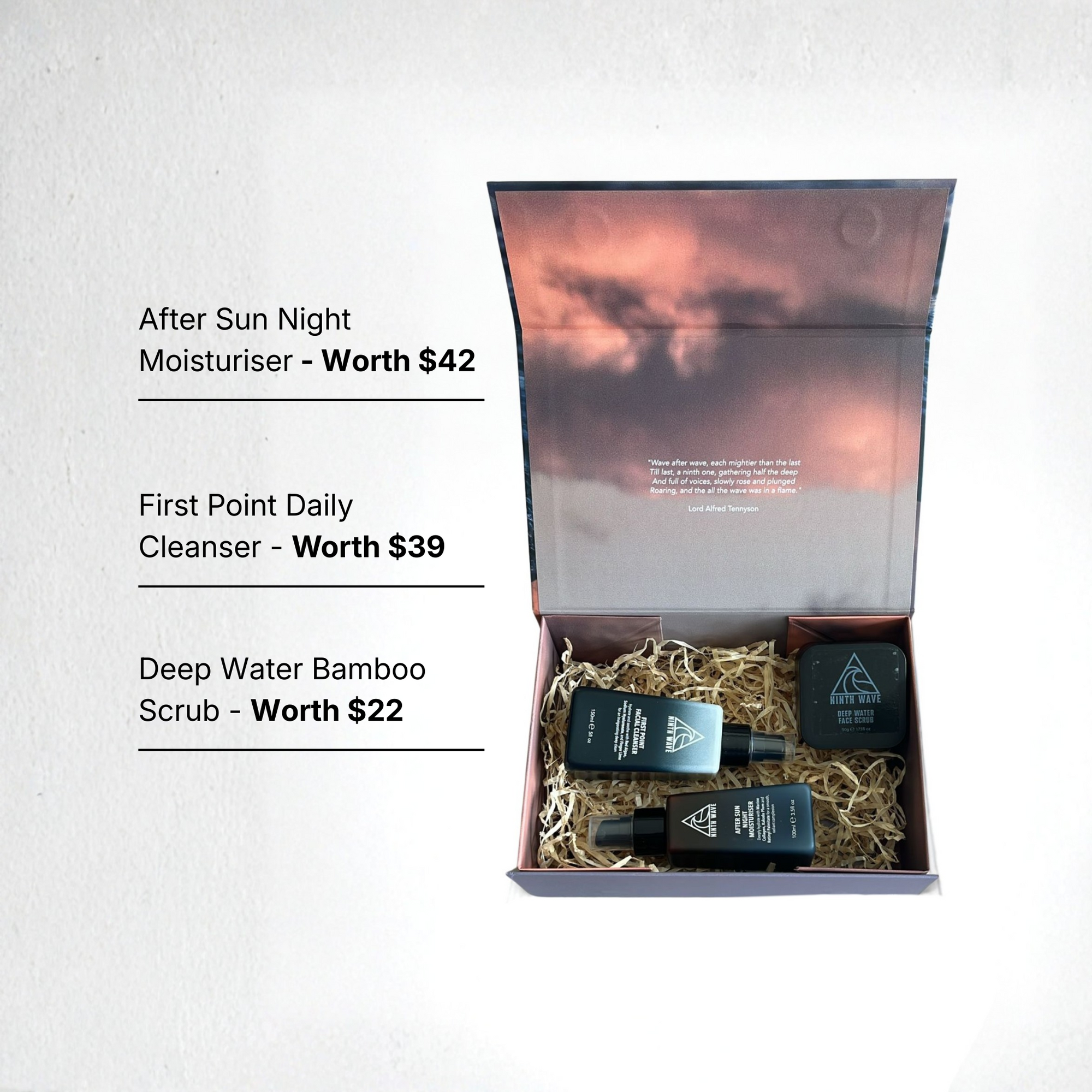 Ninth Wave Evening Routine trio with on-image text explaining the three-step nightly routine for cleansing, renewing and smoothing skin