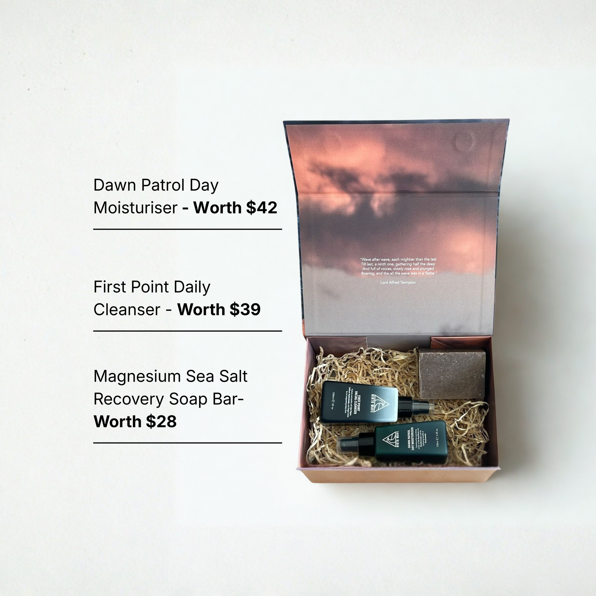 Ninth Wave essentials kit with products for face and body care