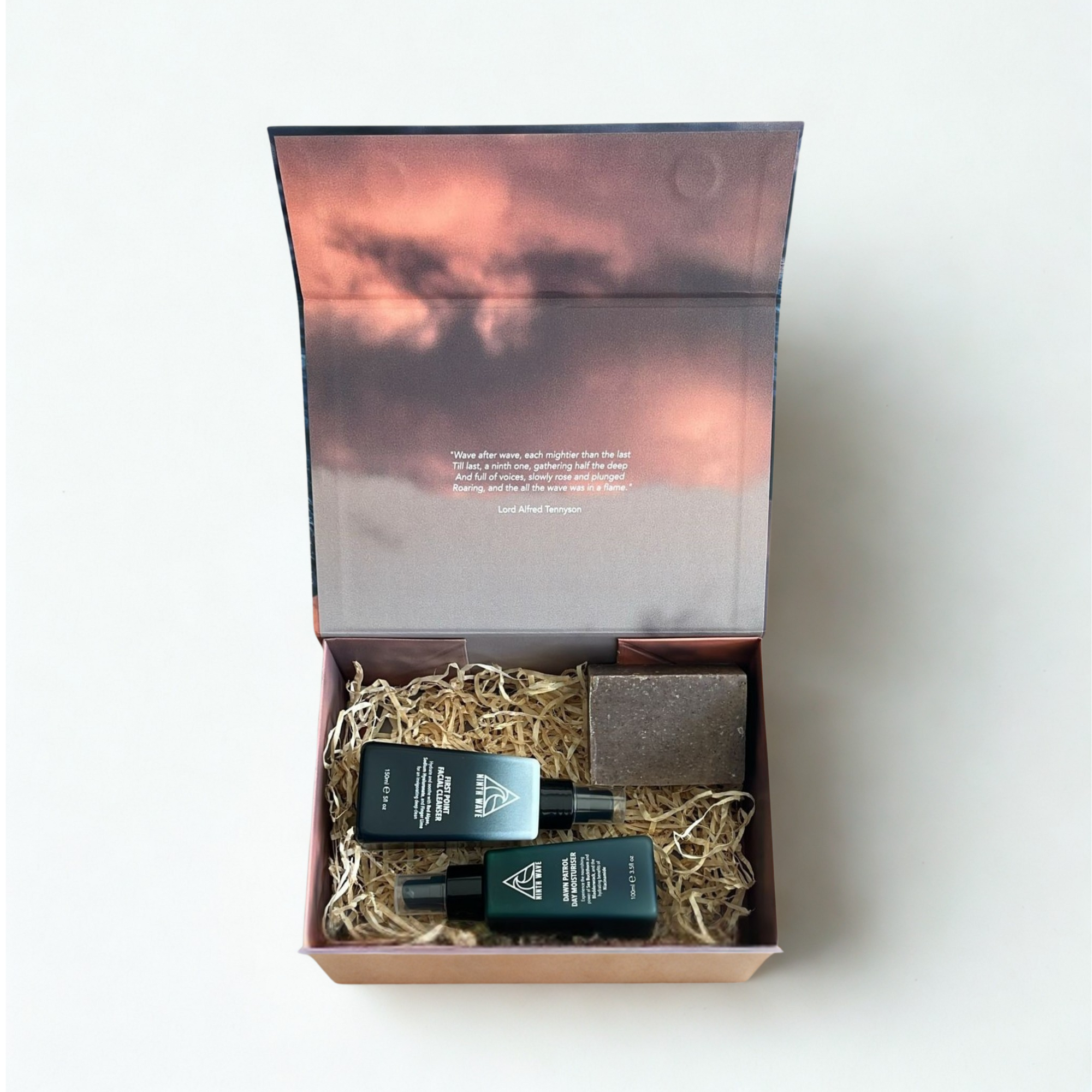 Body and Face Essentials set from Ninth Wave Skin Co. arranged together in a product shot