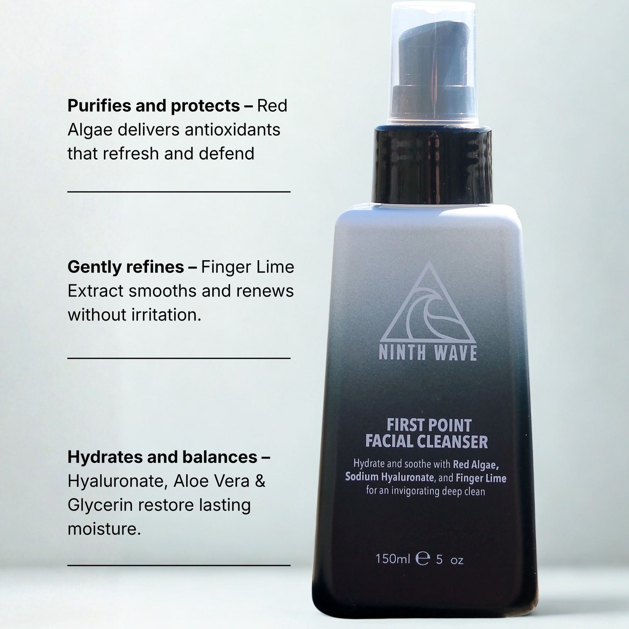 Ninth Wave First Point Daily Facial Cleanser with on-image text explaining removal of sunscreen, salt and daily grime
