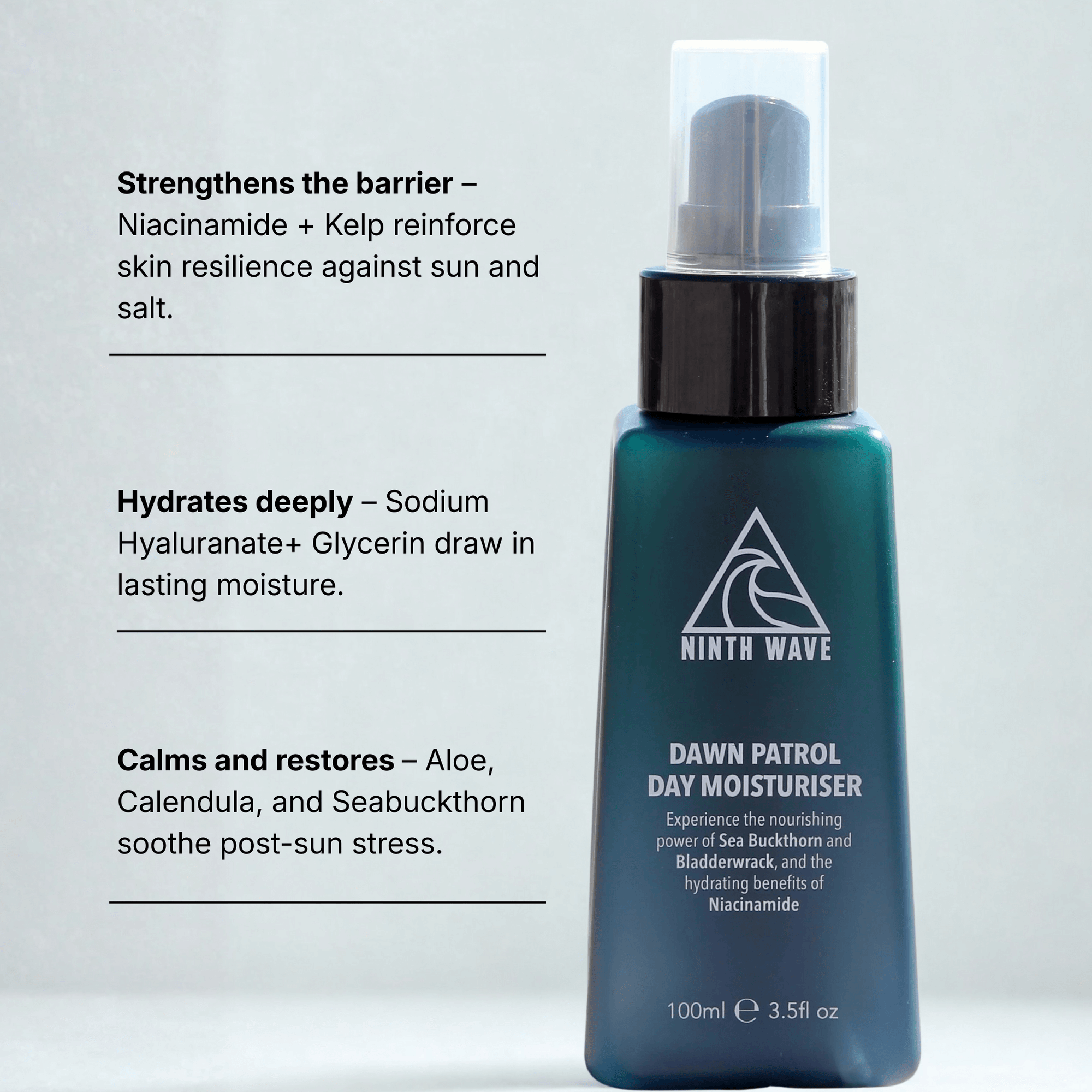 Ninth Wave Dawn Patrol Day Moisturiser with on-image text explaining daily hydration for sun-exposed skin