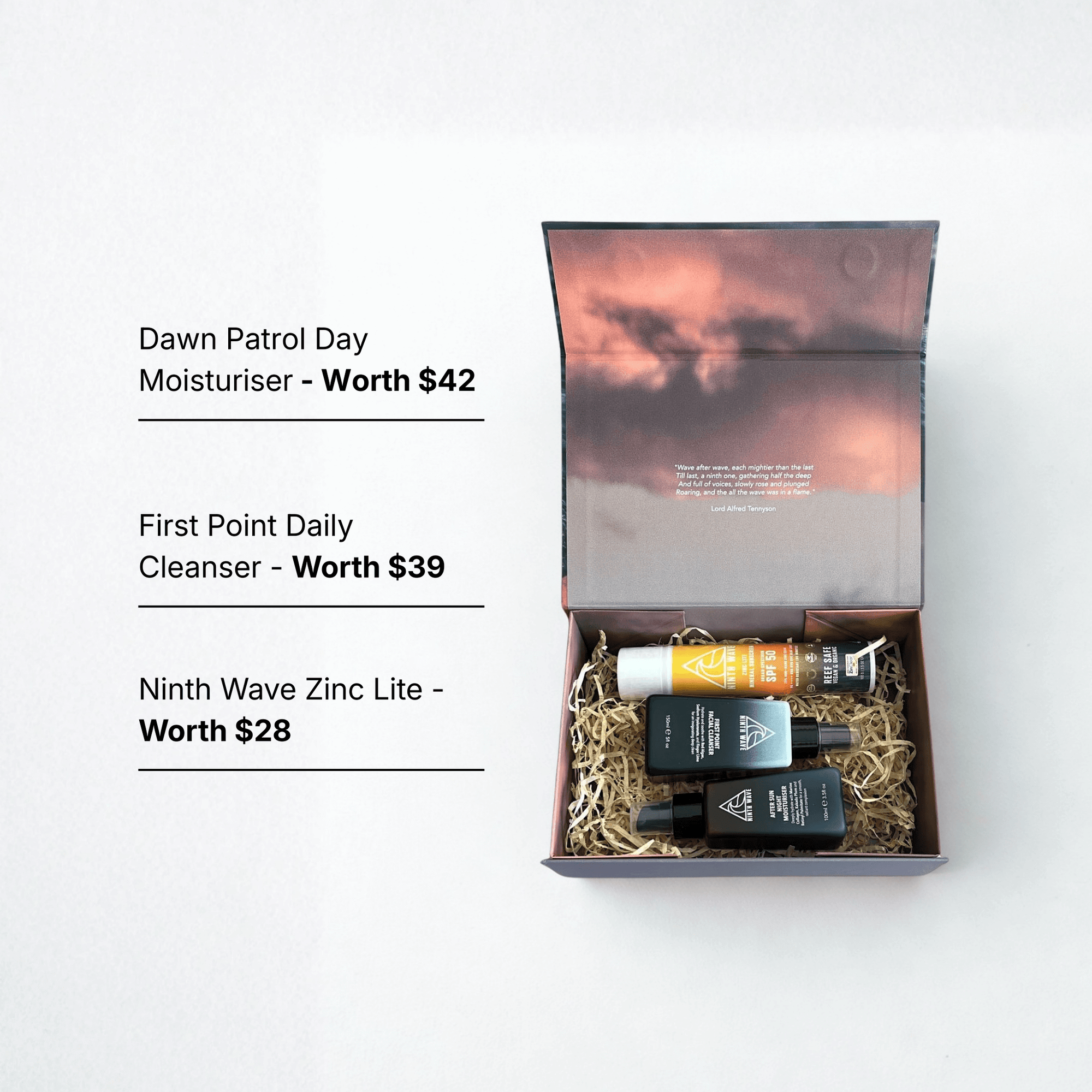 Ninth Wave Morning Routine kit with on-image text explaining the cleanser, moisturiser and zinc for daily sun protection