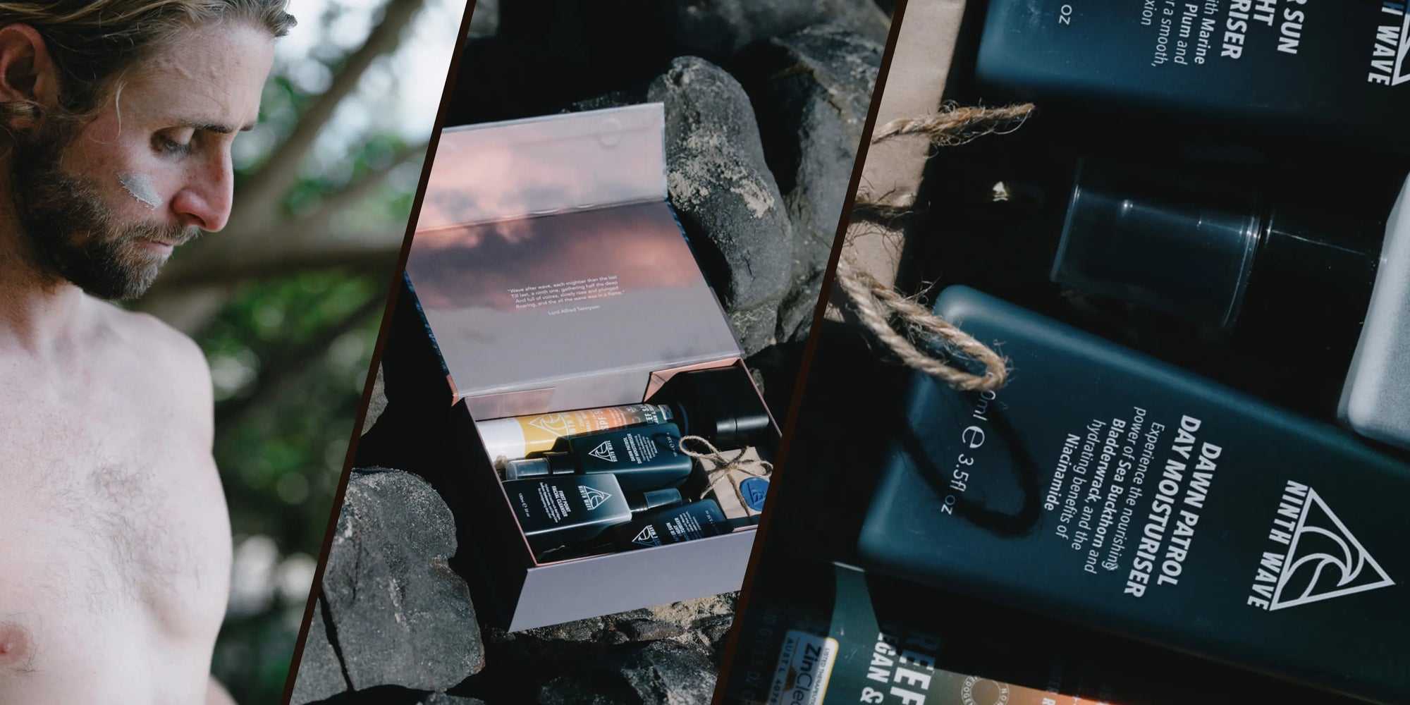 Ninth Wave Skin Co. hero banner showcasing sun-safe skincare for surfers and outdoor life