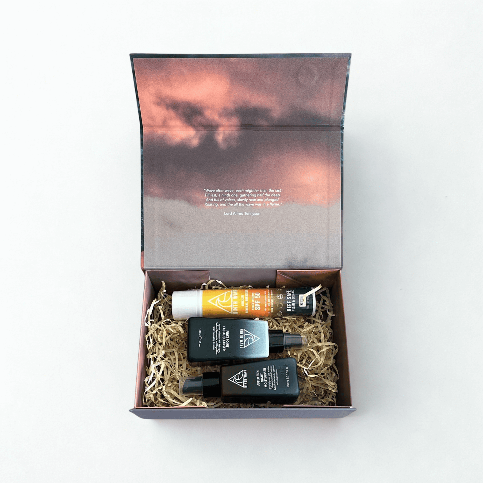 Ninth Wave Morning Routine kit with daily cleanser, day moisturiser and zinc sunscreen on a clean background