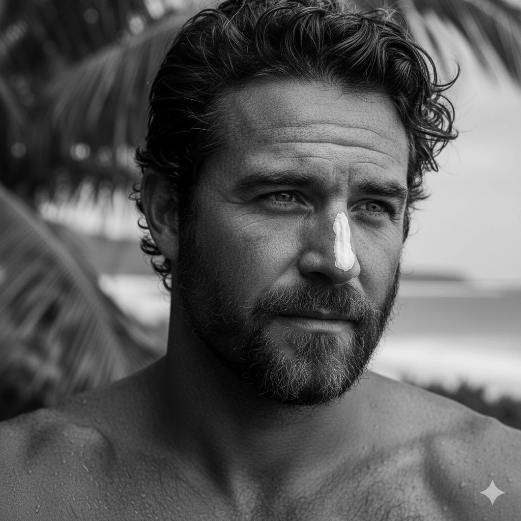 Black and white portrait of a man with a neutral expression, palm trees in the background
