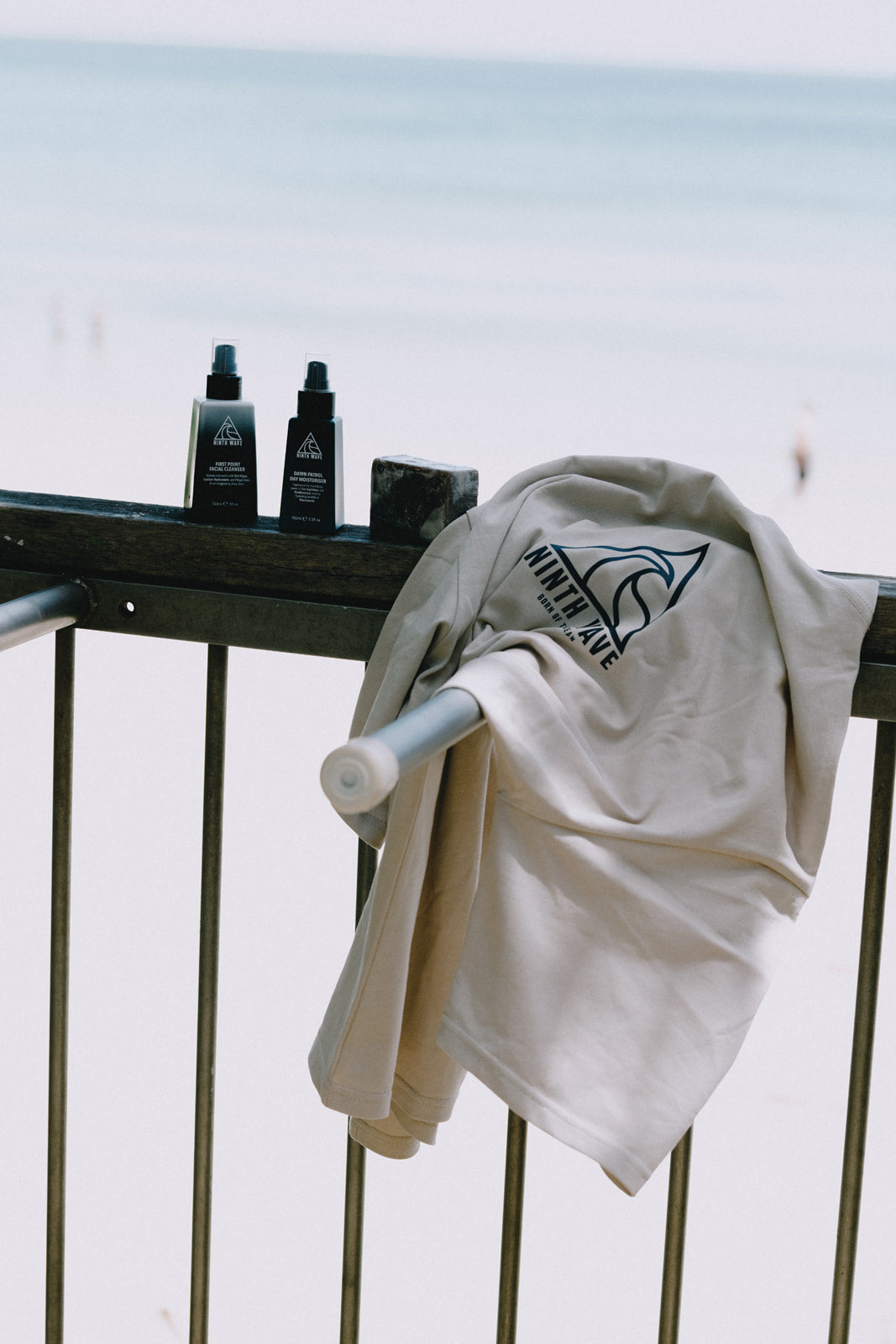 Ninth Wave Skin Co. products styled alongside a branded T-shirt