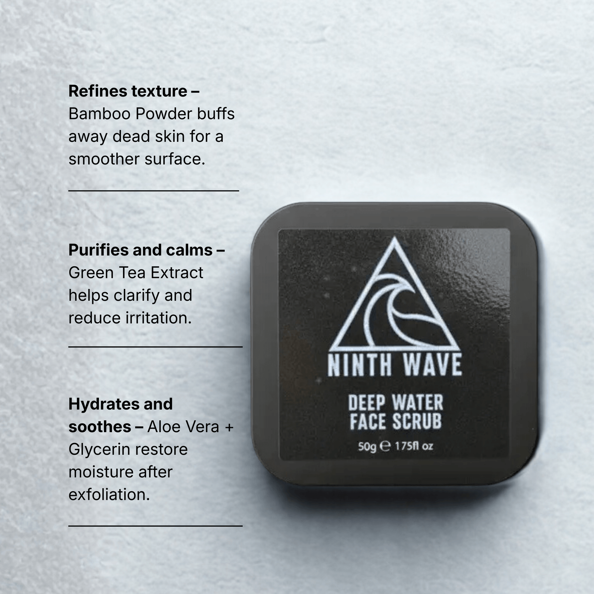 Ninth Wave Deep Water Bamboo Face Scrub with on-image text explaining gentle bamboo exfoliation for sun-exposed skin
