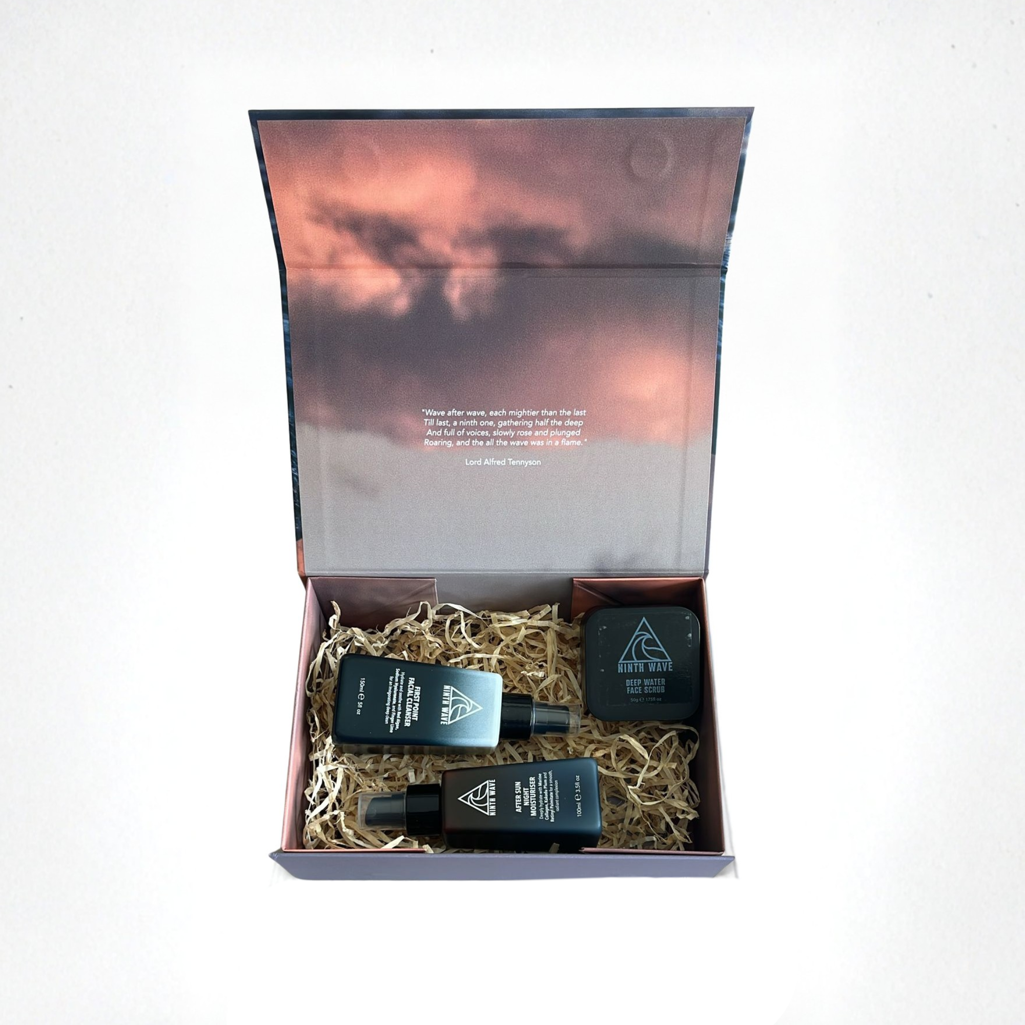 Ninth Wave Evening Routine trio with cleanser, night moisturiser and bamboo face scrub on a clean background